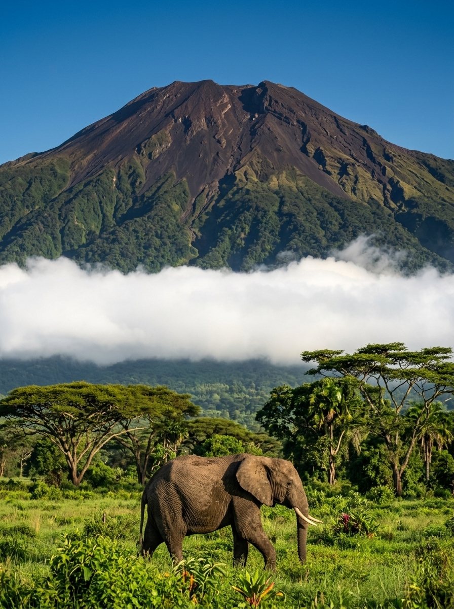 An elephant walking through green grass among flat-topped trees, with Mount Cameroon rising above a long band of white cloud under a deep blue sky